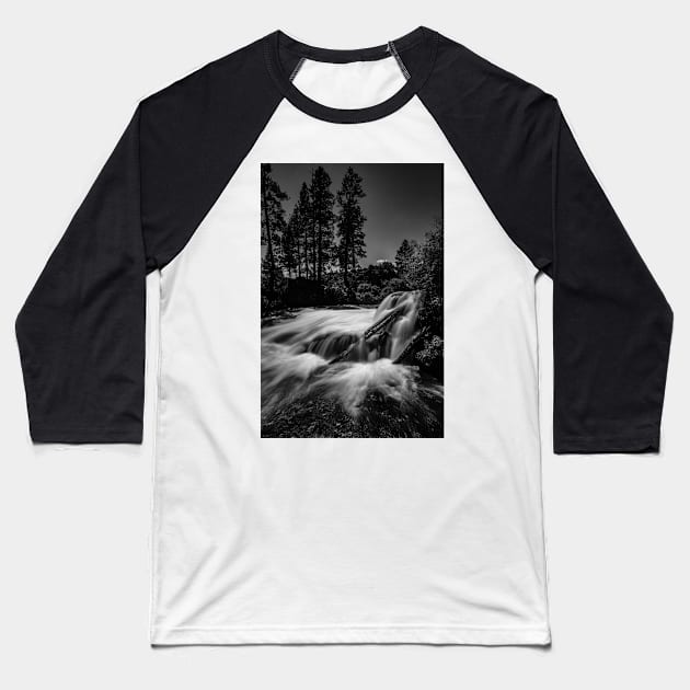 Waterfall in Black and White Baseball T-Shirt by JeffreySchwartz